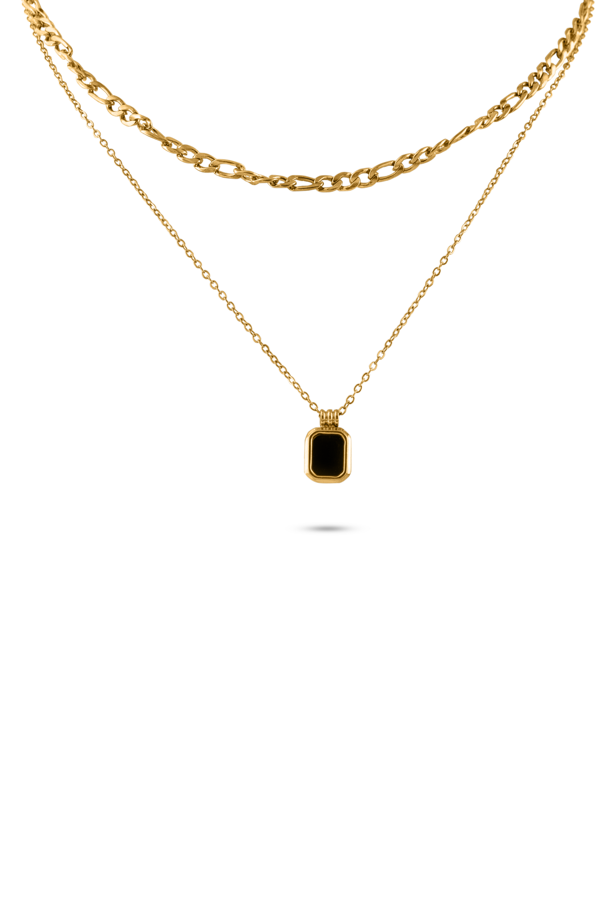 Black Onyx Layered Necklace featuring dual gold chains with a rectangular black onyx pendant, ideal for elegant jewelry styling.