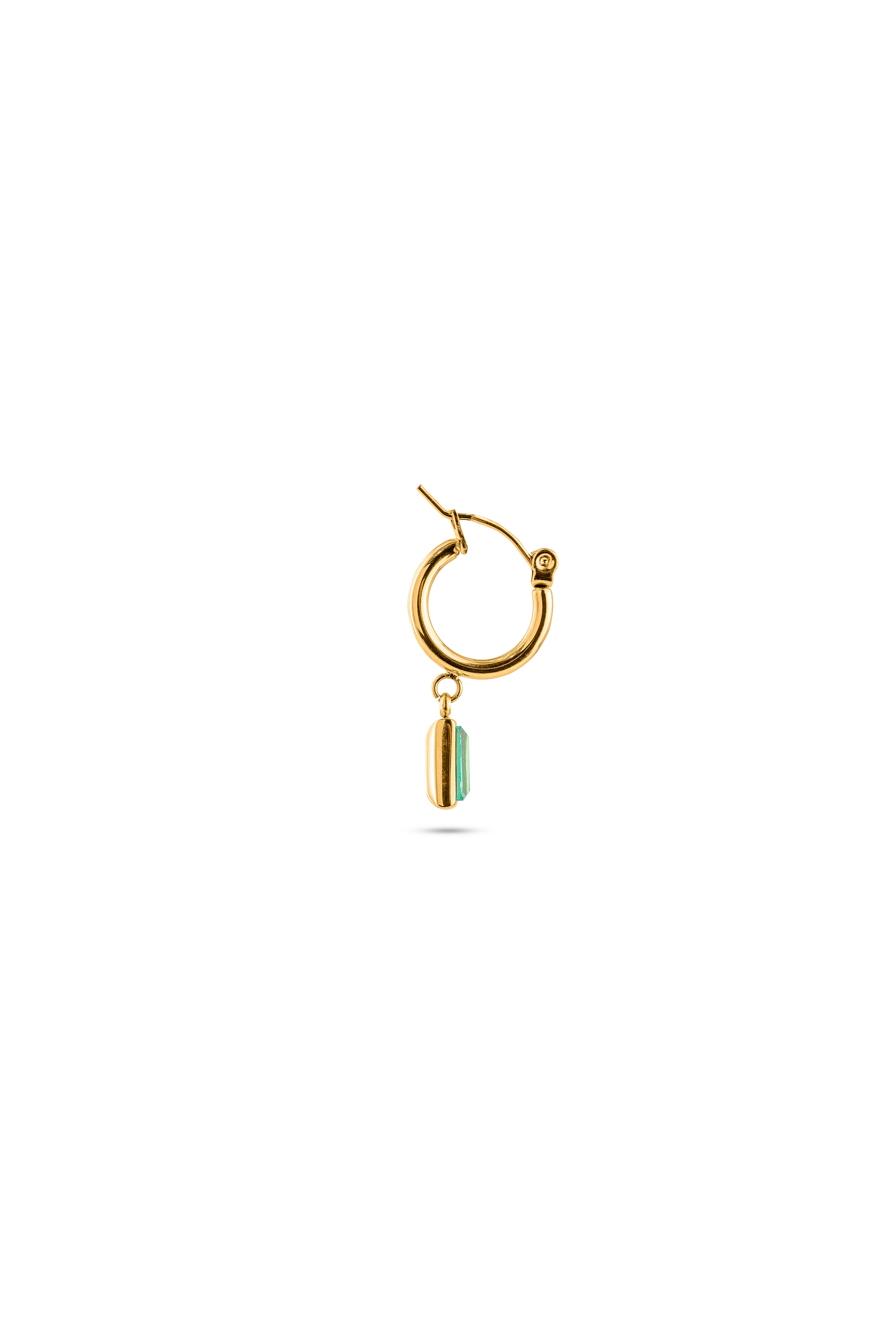 Side view of Verdant Glow Emerald Drops earring featuring a gold hoop and vertically set emerald stone, ideal for luxury jewelry listings.