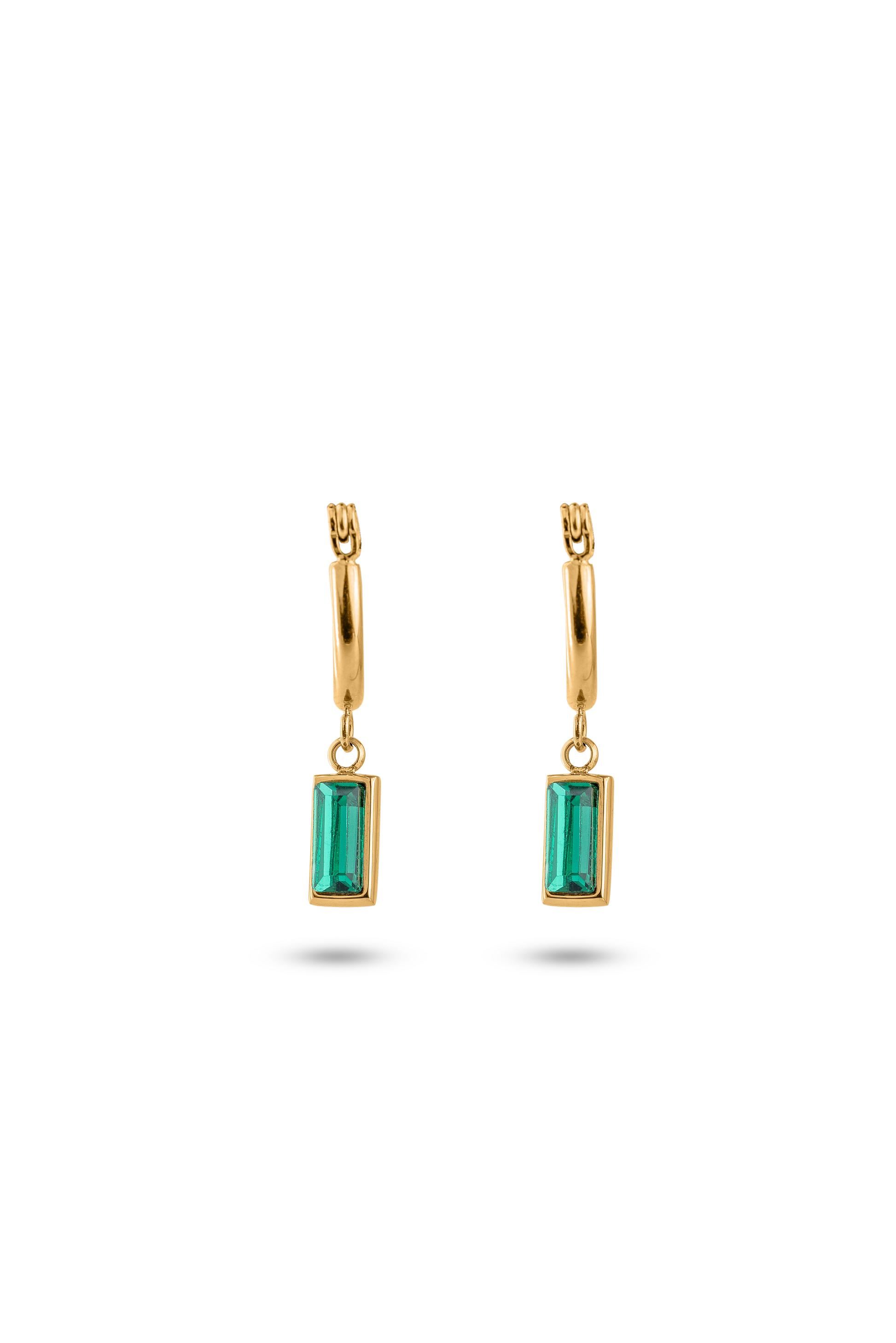 Verdant Glow Emerald Drops gold hoop earrings with rectangular green emerald stones, displayed on white background for jewelry product showcase.