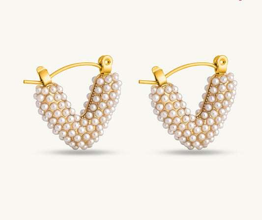 Pearl-Encrusted Heart-Shaped Hoop Earrings.